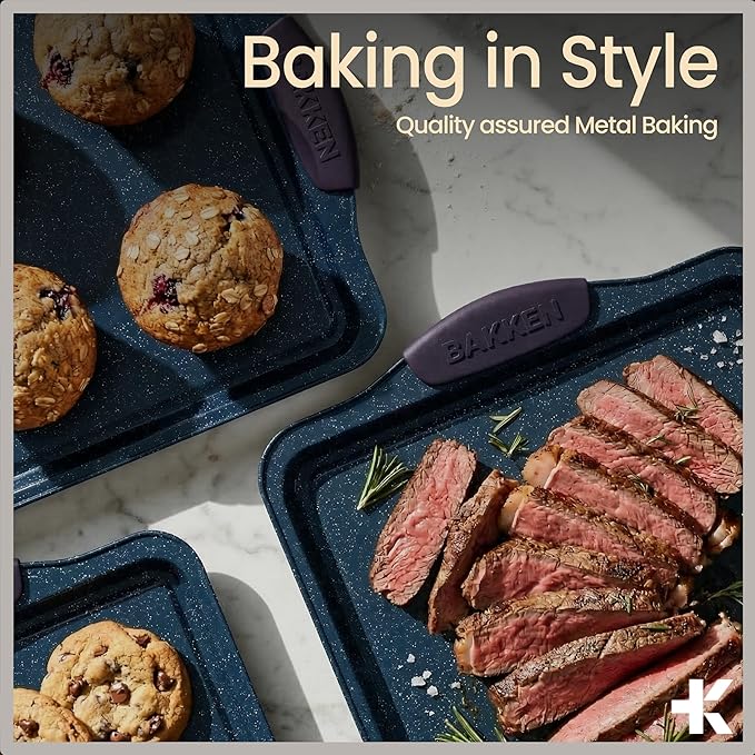 BAKKEN Kitchen Baking Pan Set - Nonstick Coating, Carbon Steel Bakeware Sets with Blue Silicone Handles, Baking Kitchen Essentials, PFOA, PFOS, PTFE Free, Oven Safe Tray (Up To 450° F), Set of 6