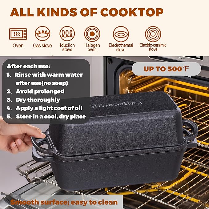 11x5 Inch Cast Iron Loaf Pan With Lid，5.8 Qt Large Loaf Pans For Sourdough Bread Baking, Pre-Seasoned Heavy Duty Dutch Oven Bread Pan For a Crispy Crust