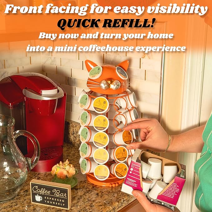 Made Easy Kit Carousel Coffee Pod Holder - Compatible with Keurig K-Pods K-Cups - Countertop 360 Spin Rack Storage Organizer - Revolving Base - Capsule Café Station Bar (Cat Orange, Small)