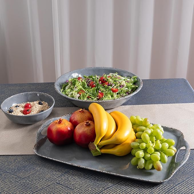 Large Vintage Melamine Serving Platter, Set of 2, 17x10 Inch Melamine Rectangular Serving Platter and Trays .Cool Gray