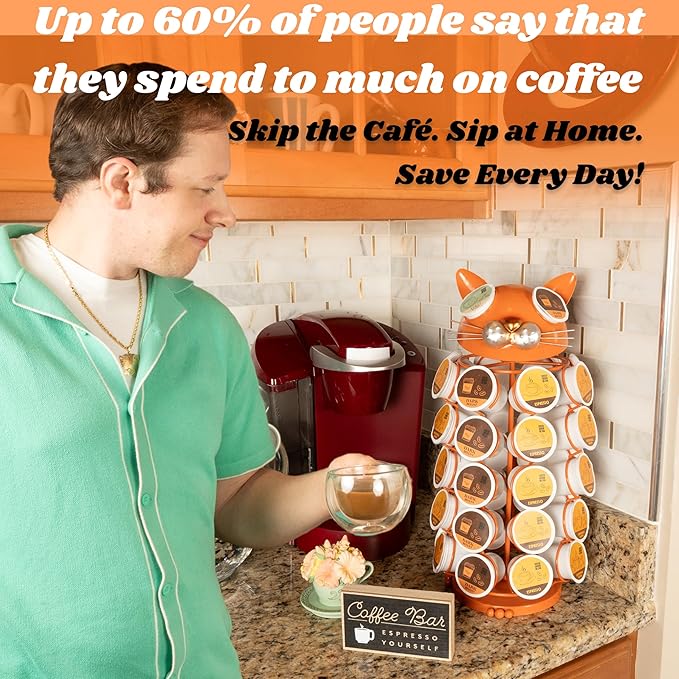 Made Easy Kit Carousel Coffee Pod Holder, Compatible with Keurig K-Pods K-Cups, Countertop Rack Storage Organizer, Metal Home and Kitchen Decor, Capsule Café Station Bar (Small, Orange Cat)