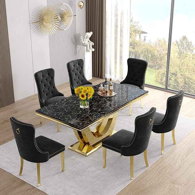 AF ARTISAN FURNITURE Marble Dining Table for 4-8,Black Faux Marble Dining Tables with Gold U-Shaped Mirrored Finish Stainless Steel Base, Marble Kitchen Table for Living Room Home Office