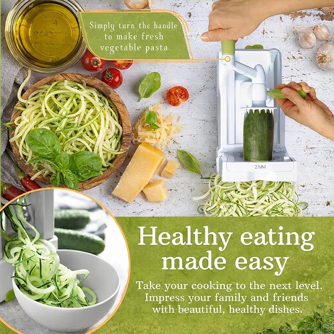 Brieftons 7-Blade Vegetable Spiralizer: Strongest-Heaviest Spiral Slicer, Best Veggie Pasta Spaghetti Maker for Low Carb/Paleo/Gluten-Free Meals, With Container, Lid, Blade Caddy & 4 Recipe Ebooks