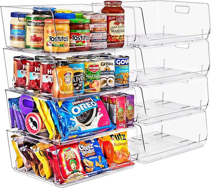 Sorbus Stackable Storage Bins Open Front, Clear Stackable Storage Bins, Pantry Bins for Storage and Organization, Acrylic Stackable Bins for Kitchen, Clear Pantry Organizer Bins (Large 8 Pack)