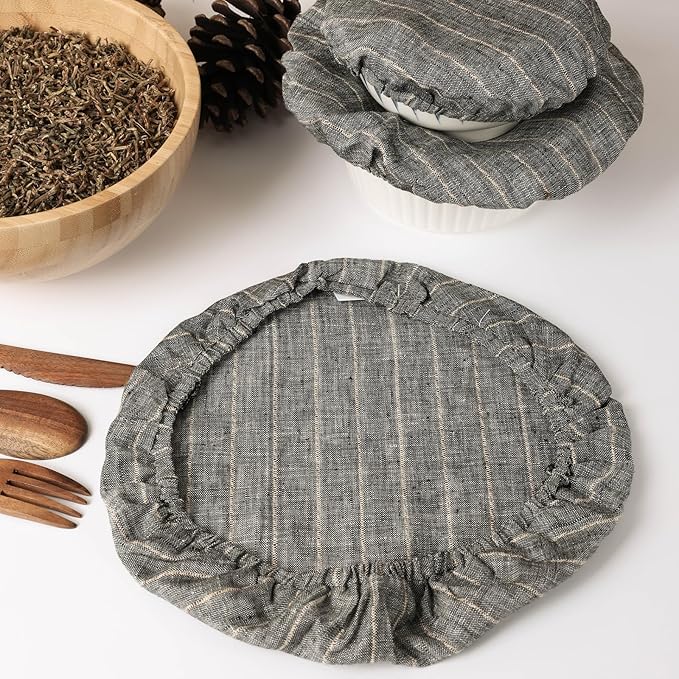 100% Linen Stripe Bowl Covers Reusable For Bread Proofing, 4 Pcs Elastic Cloth Fabric Bowl Covers, 5.9*7.9*9.8*11.8 Inches, Grey