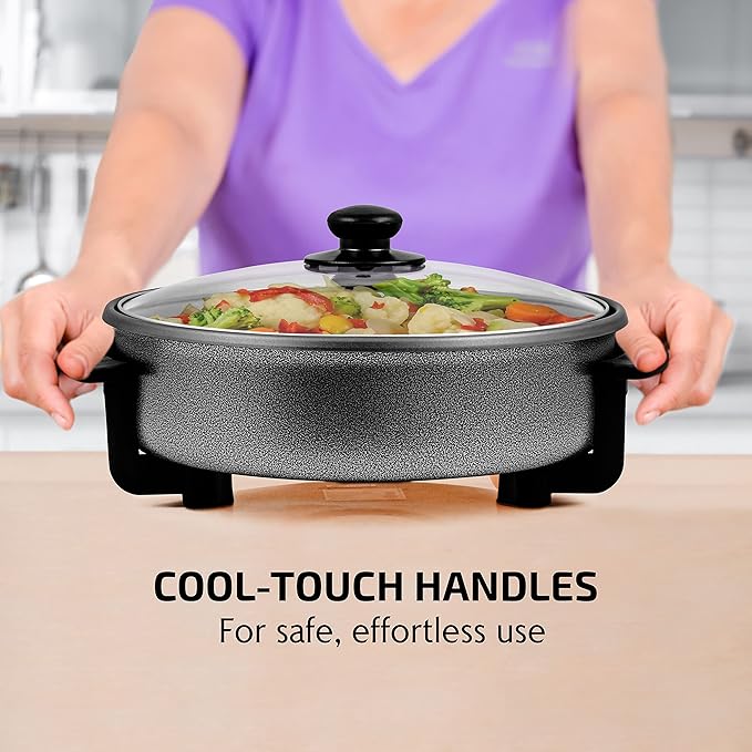 OVENTE 11.5-Inch Electric Skillet & Frying Pan, 1400W Nonstick Cooking Pan with Adjustable Temperature Control, Tempered Glass Lid with Steam Vent, Cool-Touch Handles, Easy-Clean Black SK11112B