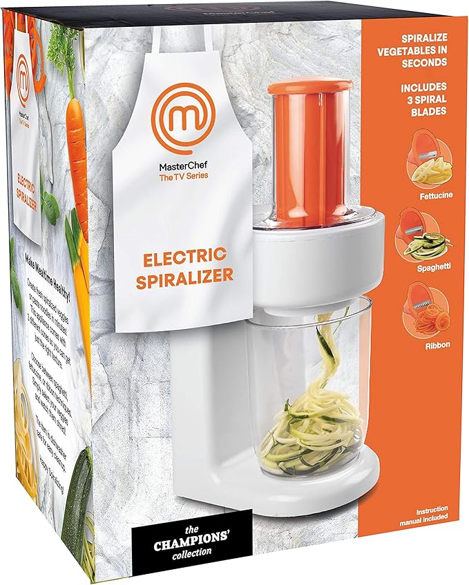MasterChef Electric Spiralizer- 3-in-1 Vegetable Noodle Pasta Maker- Homemade Low Carb, Keto, Vegan, Gluten Free- Zoodle Zucchini Veggie Slicer & XL Hopper, FREE Recipes- Quick Healthy Meal Prep Gift