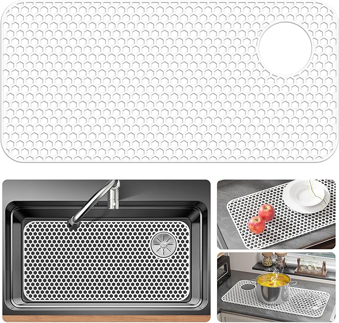 Bestjing Silicone Sink Protectors for Kitchen Sink - 28.4"x 14.3" Kitchen Protector Accessory, Non-Slip Heat Resistant Mat for Bottom of Farmhouse Porcelain Stainless Steel(Top Right Drain Hole,White)