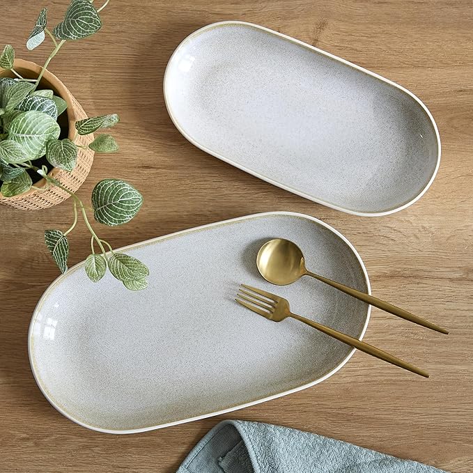 SANGO Anderson Serving Platters Set of 2, 14/12 Inch Stoneware Serving Dishes for Entertaining, Glossy Party Serving Trays for Food, Buffet Oval Platters for Bread, Appetizer, Cheese, Reactive Cream