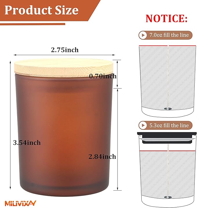 MILIVIXAY 12 Pack 7 OZ Frosted Amber Glass Candle Jars With Lids and Candle Making Kits - Bulk Empty Candle Jars For Making Candles - Spice, Powder Containers.