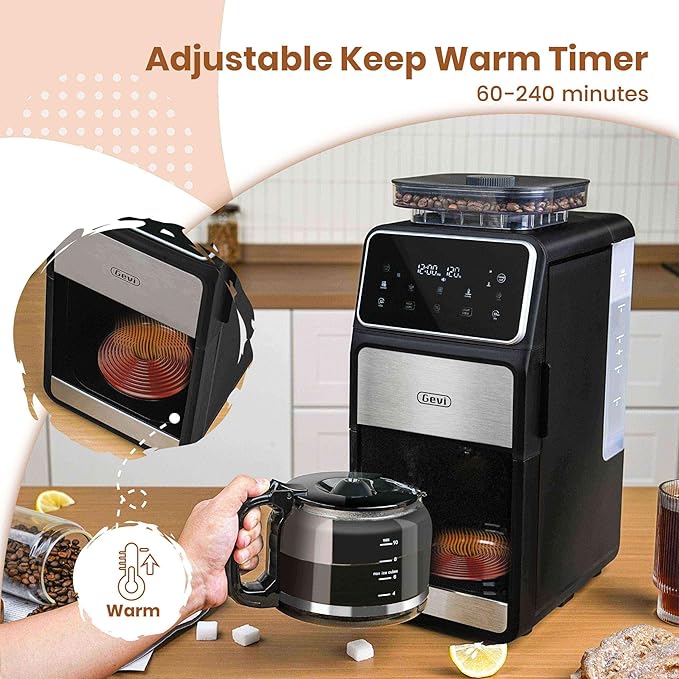 Gevi 10 Cup Drip Coffee Maker with Built-in Grinder, Grind ＆ Brew Burr Combo Coffee Machine with Touch Screen, Programmable, 4-Hour Warm Plate, Permanent Filter, Coffee Carafe