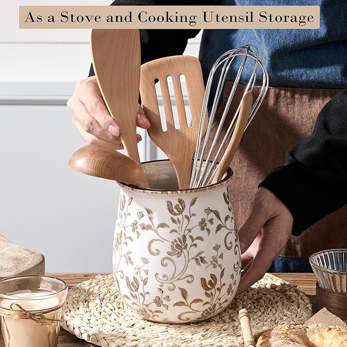 Utensil Holder for Kitchen Counter, Modern Farmhouse Cooking Utensil Holder and Crock Home Kitchen Decor, Ceramic Utensil Organizer for Spatula, Ladle, Eggbeater, Rolling Pin- Brown Flower Patterns
