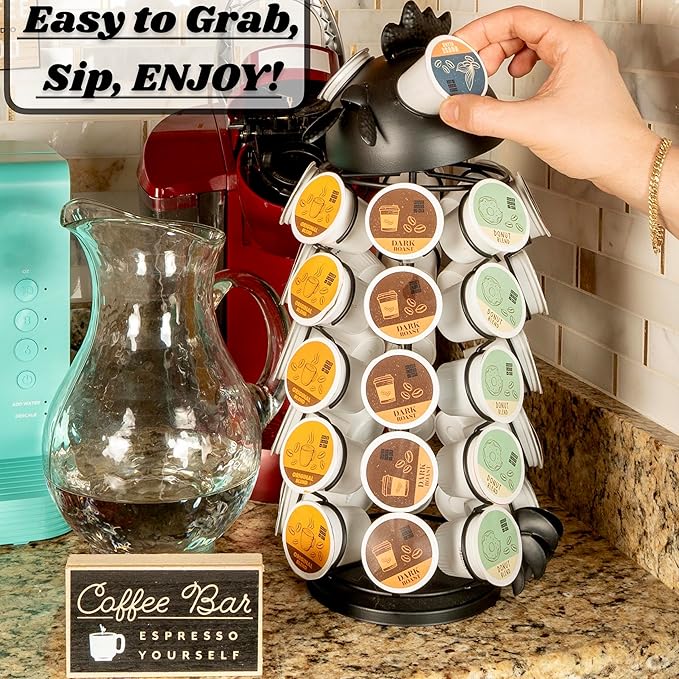 Made Easy Kit Carousel Coffee Pod Holder - Compatible with Keurig K-Pods K-Cups - Countertop 360 Spin Rack Storage Organizer - Revolving Base - Capsule Café Station Bar (Rooster Black, Large)