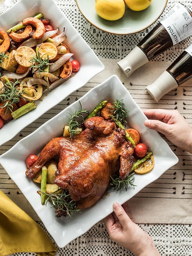 YHOSSEUN Turkey Platters for entertaining Serving Bowls Set of 2, Ceramic Serving Dishes for Thanksgiving, White Serving Platter for Turkey, Rectangular Baking Dishes and Roasting Pan
