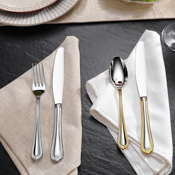 KEAWELL Pearl Edge 4-Piece Premium Spoon Set, 18/10 Stainless Steel, Fine Silverware Spoons with Refined Bead Design, Brightly Polished, Dishwasher Safe (Silver, 9" Serving Spoons)