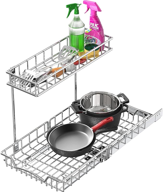 SIMPLE HOUSEWARE 2-Tier (L+M) Organizer Pull Out Under Cabinet Sliding Shelf, Chrome