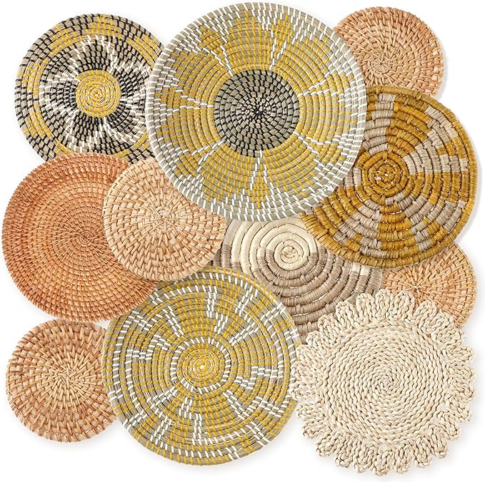 Tatuo 11 Pcs Boho Wall Basket Decor Bulrush Woven Wall Hanging Art Round Farmhouse Rustic Handmade Wicker for Summer Home, Bedroom, Living Room, Kitchen Decorations, Multi Sizes(Lively)