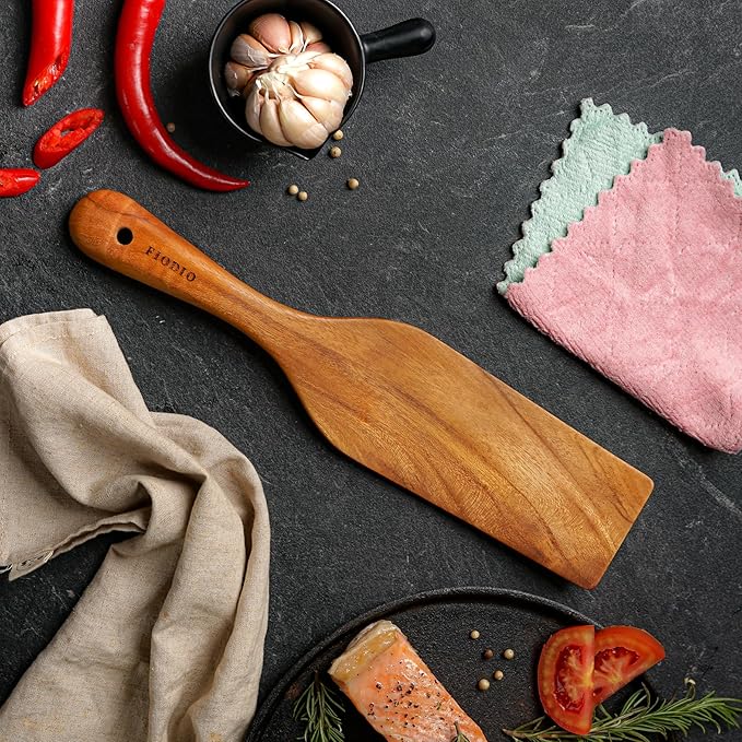 Teak Wooden Spatula, Spoons & Spurtle for Cooking – Handcrafted, Natural Non-Stick Kitchen Utensils with Comfort Grip & Microfiber Cloth