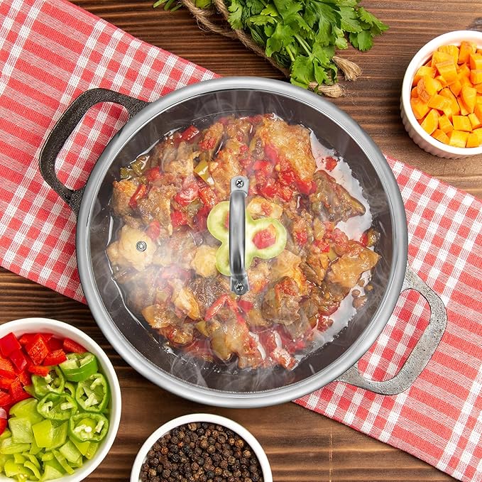 Luxshiny 13 Inch Tempered Glass Pot Lid with Heat Resistant Handle - Thickened Transparent Pan Cover for Frying Pans Woks and Cast Iron Skillets - Visual Cooking with Anti-Drip Design