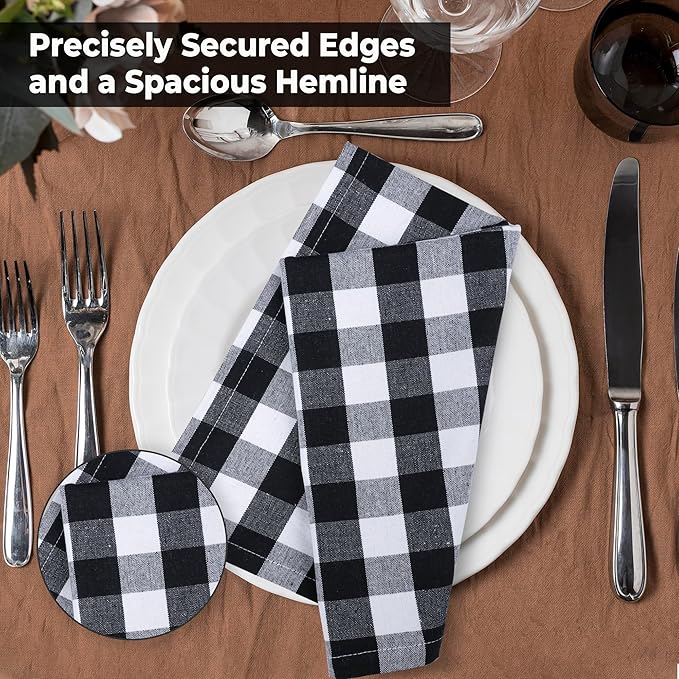 Urban Villa Cloth Dinner Napkins Set of 12 20''x20''100% Cotton Black White Buffalo Checks Highly Absorbent Washable Reusable Durable Ideal for Farmhouse Party Thanksgiving Fall Christmas Everyday Use