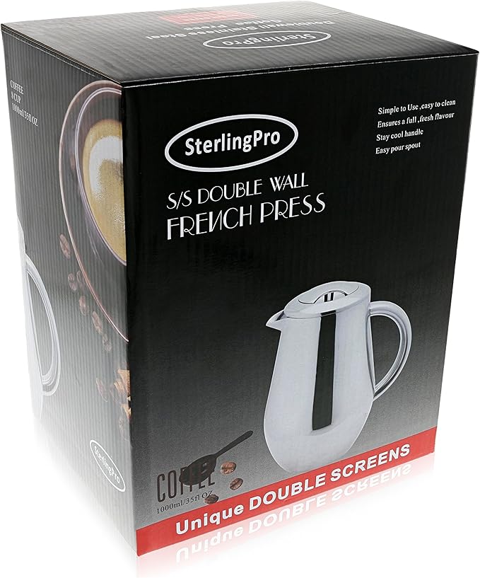 SterlingPro Stainless Steel French Press Coffee Maker Large 1 L (34 oz) with 2 Extra Filters Silver – Double Walled Insulated Coffee Press Keeps Drinks Hot, Easy to Use, Stylish Design for Rich Flavor