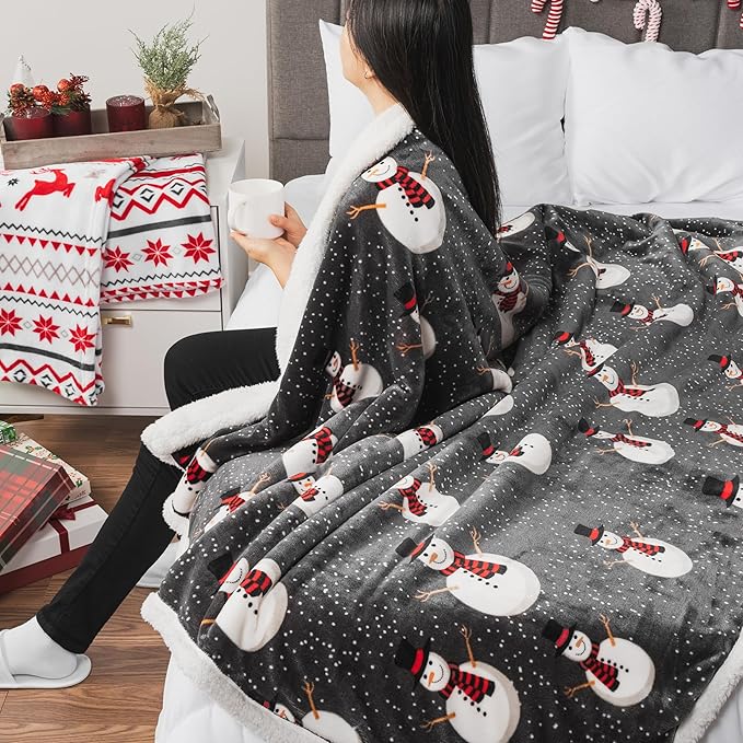 PAVILIA Premium Christmas Sherpa Throw Blanket | Snowman Decoration, Fleece, Plush, Warm, Cozy Reversible Microfiber Holiday Blanket 50 x 60