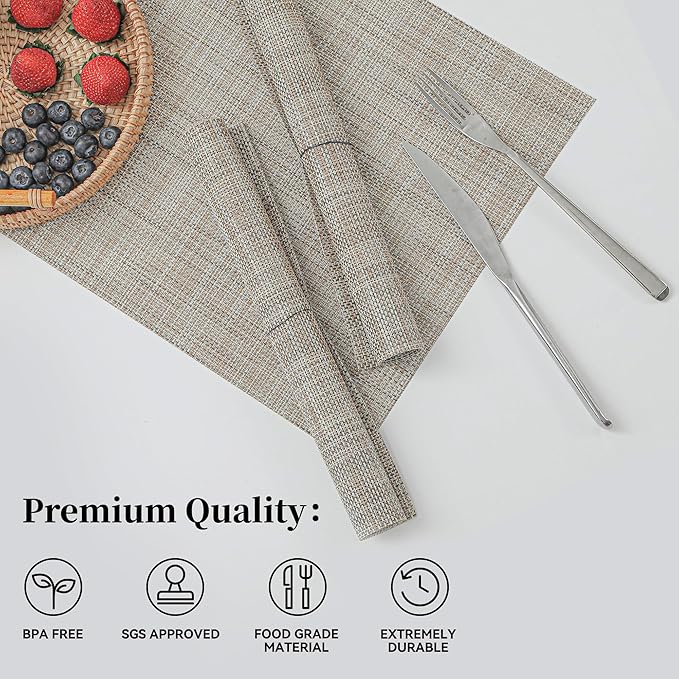 Leetaltree Linen Yellow Placemats Set of 4 - Heat Resistant Non-Slip Place mats for Dining Table, Washable Durable PVC Vinyl Woven Table Mats（Linen Yellow, 4）