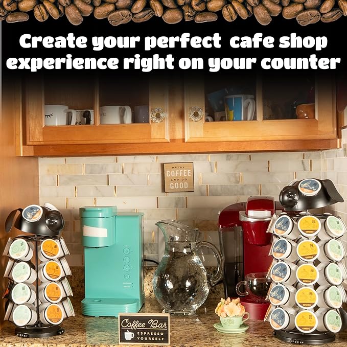 Made Easy Kit Carousel Coffee Pod Holder - Compatible with Keurig K-Pods K-Cups - Countertop 360 Spin Rack Storage Organizer - Revolving Base - Capsule Café Station Bar (Dog Black, Large)