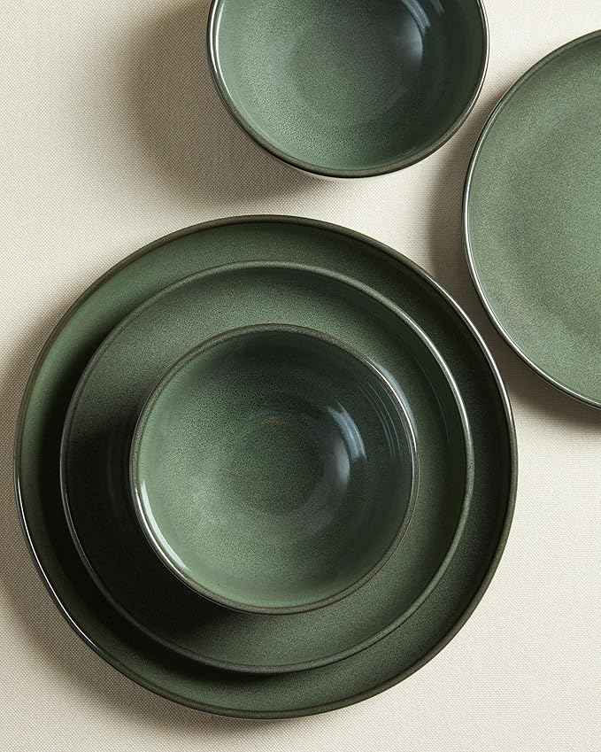 Stoneware Dinnerware Sets for 6, 18 Piece Microwave Safe Plate and Bowl Set, Easy to Clean & Durable Dishes Sets for Small to Medium Families, Forest Green