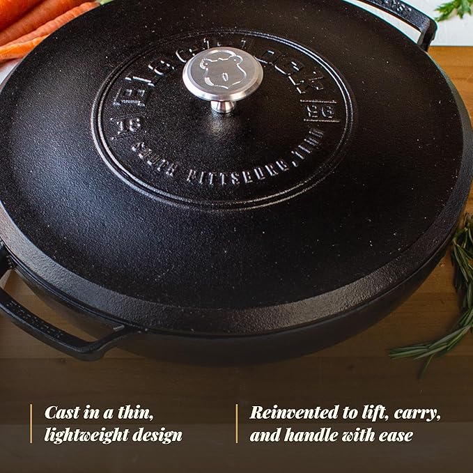 Lodge Blacklock 17 Triple Seasoned Cast Iron Braiser with Lid - Dutch Oven with Nonstick Finish - Lightweight Cast Iron Braiser - Dutch Oven Cookware - Cooking Pot with High-Heat Aluminum Knob
