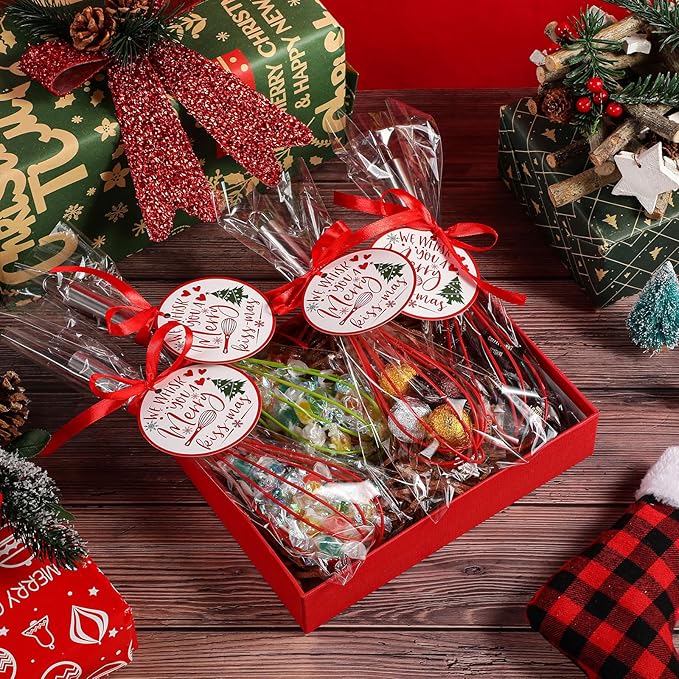 24 Sets 10 Inch Christmas Whisks Gifts DIY Fillable Christmas Tree Ornaments Xmas Colored Silicone Whisks for Cooking Heat Resistant Egg Beaters with Card Rope Bag for Candy Holder