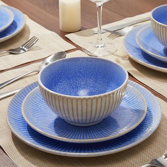 Pokini Ceramic Dinnerware Sets, Handmade Reactive Glaze Plates and Bowls Sets, Highly Chip and Crack Resistant Dish Set, Distinctive Granulated Surface Dishwasher & Microwave Safe Service for 4