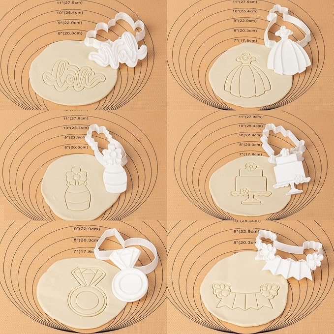Flycalf Wedding Cookie Cutters Set of 7 with Plunger Stamps Holiday Gifts Baking Cake PLA Kitchen Diamond Love Ring Shapes for Kids 3.5" Mold Supplies Biscuit Tools