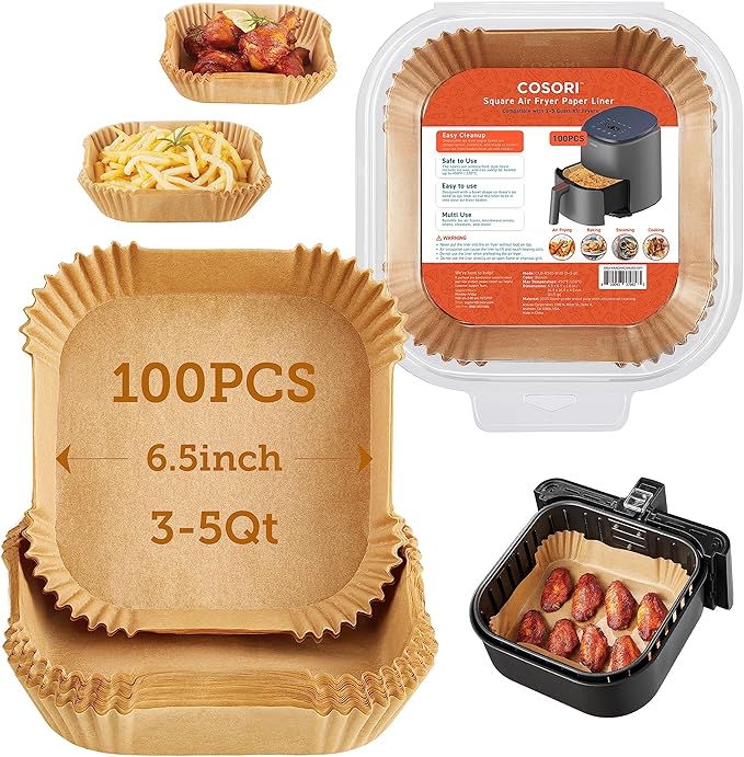 COSORI Small Air Fryer Oven 2.1 Qt, 4-in-1 Mini Airfryer, Bake, Roast, Reheat, Space-saving & Low-noise, Nonstick & Air Fryer Liners, 100 PCS Square Disposable Paper Liners, Non-Stick