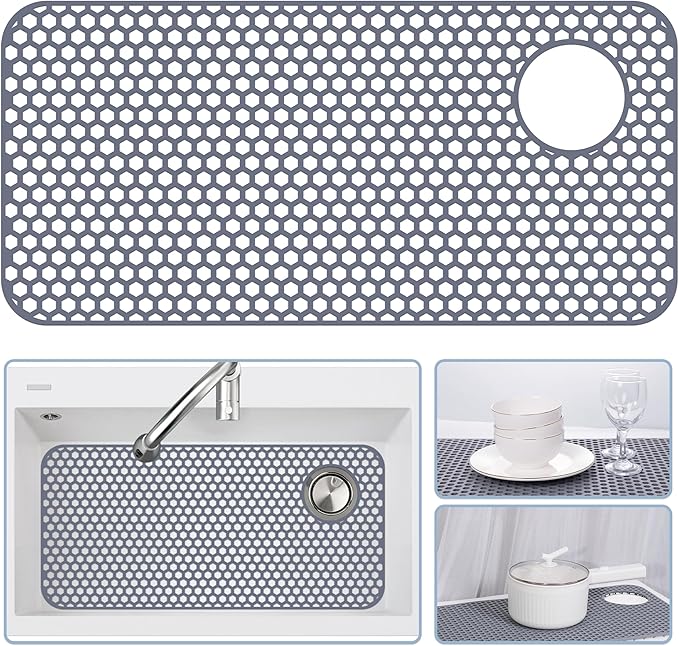 Bestjing Silicone Sink Protectors for Kitchen Sink - 28.4"x 14.3" Kitchen Protector Accessory, Non-Slip Heat Resistant Mat for Bottom of Farmhouse Porcelain Stainless Steel (Top Right Drain Hole,Gray)