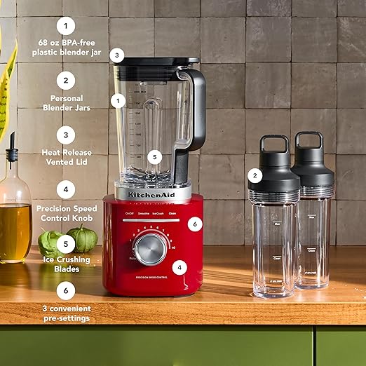 KitchenAid Pure Power Blender with 2 Personal Blending Jars, 1700 Watt Peak Power*, KSB2078, Empire Red