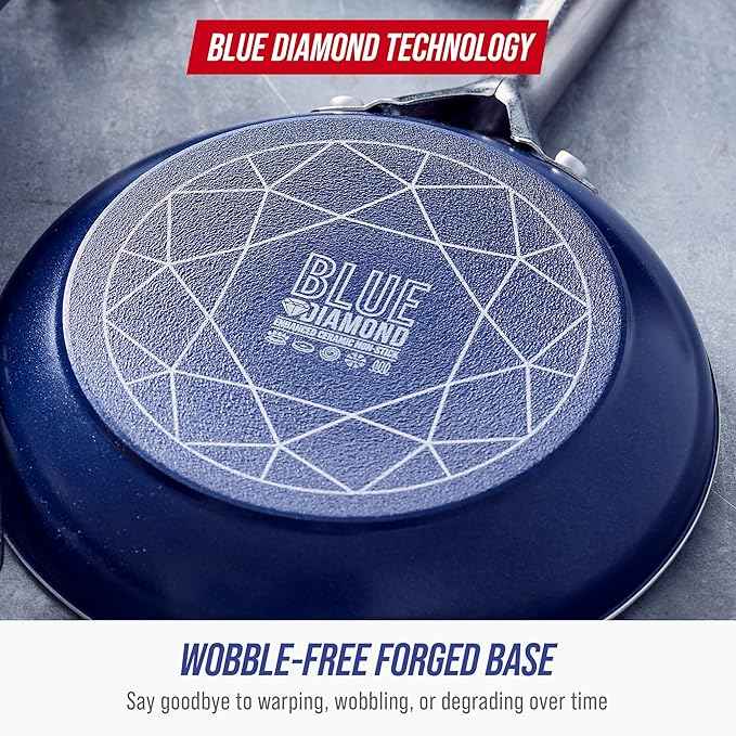 Blue Diamond 10 Piece Nonstick Cookware Set, Diamond Ceramic Pots & Pans, Dishwasher & Metal Utensil Safe, Non Toxic PFAS-Free, Kitchen Cooking Sauce & Saute Pans, Oven & Broiler to 600F, Blue