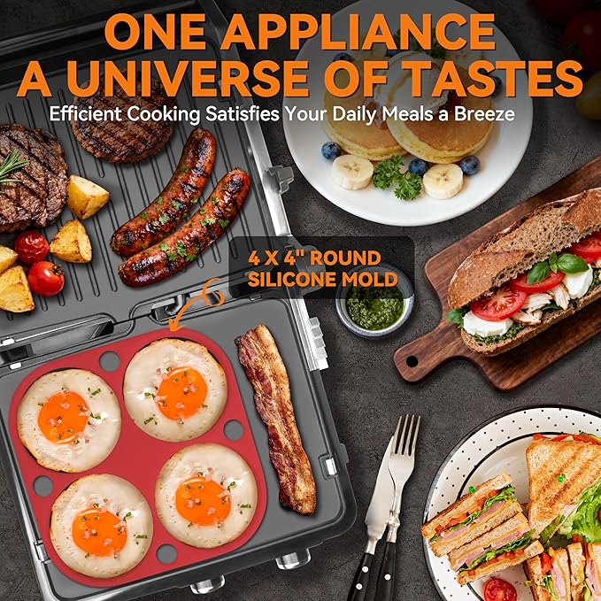 Baker's Friend 4-slice Panini Press Grill Cheese Sandwich Maker, Electric Grill Indoor with Temperature Setting, Opens 180 Degrees, Dual Non-stick Surfaces, 4-circle Silicone Mold, Reversible Plates