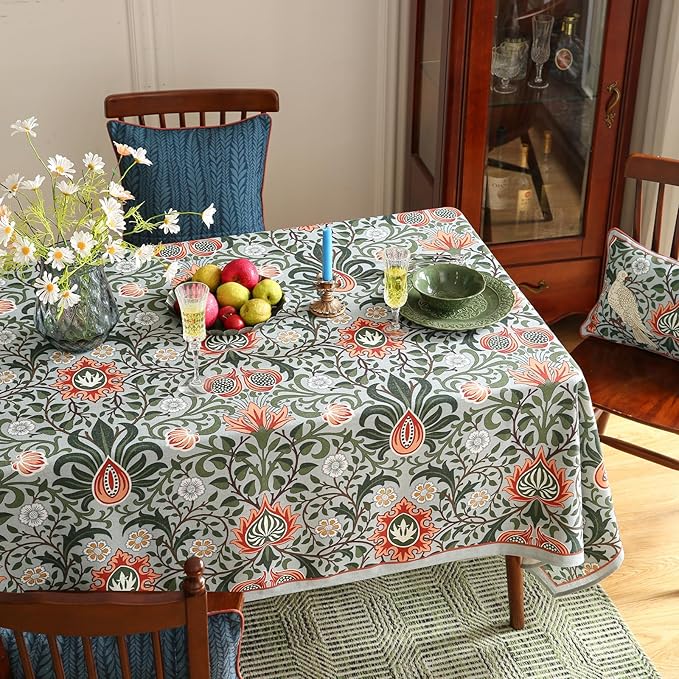 ISAENNE Designer Bohemian Linen Green Rectangular Tablecloth,Floral Indoor Table Cloth,Stain Resistant Decor Tablecloths for Dining Thanksgiving Kitchen Party Christmas,55"*87"-Naples
