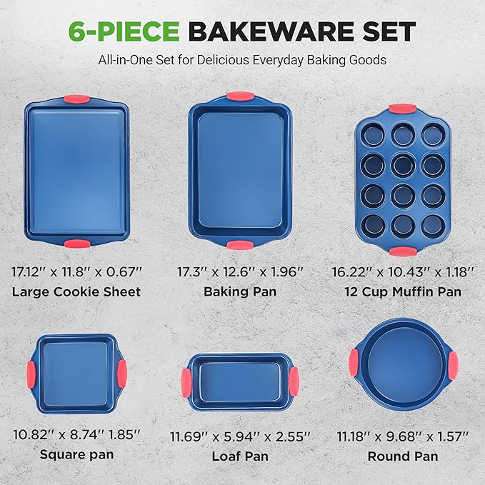 NutriChef 6-Piece Bakeware Set - Nonstick Carbon Steel Baking Pans with Red Silicone Handles, Blue Coating, Durable & Stain-Resistant, Perfect for Baking Cakes, Muffins, Cookies (Blue)