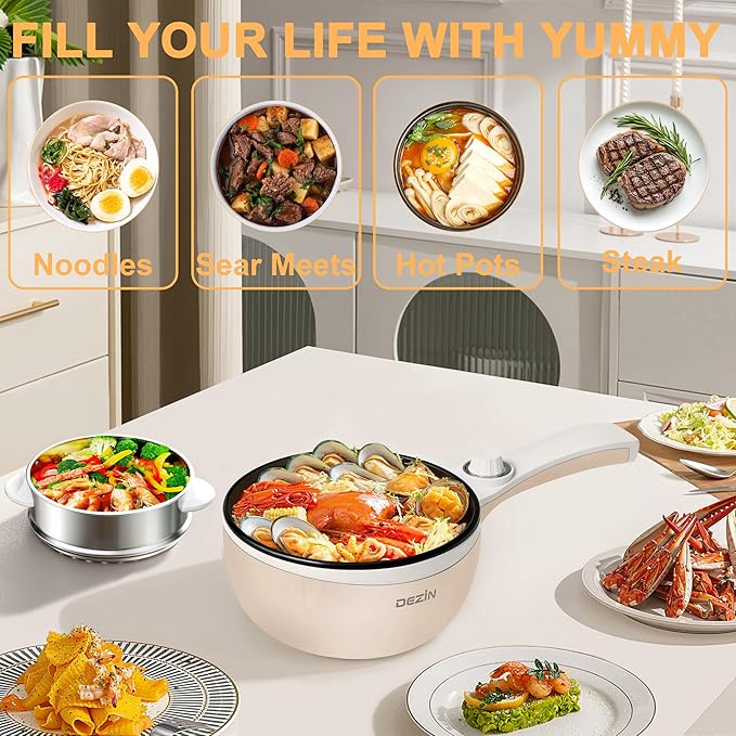Dezin Hot Pot Electric with Steamer Upgraded, Non-Stick Sauté Pan, Rapid Noodles Electric Pot, 1.5L Mini Pot for Steak, Egg, Fried Rice, Ramen, Oatmeal, Soup with Power Adjustment
