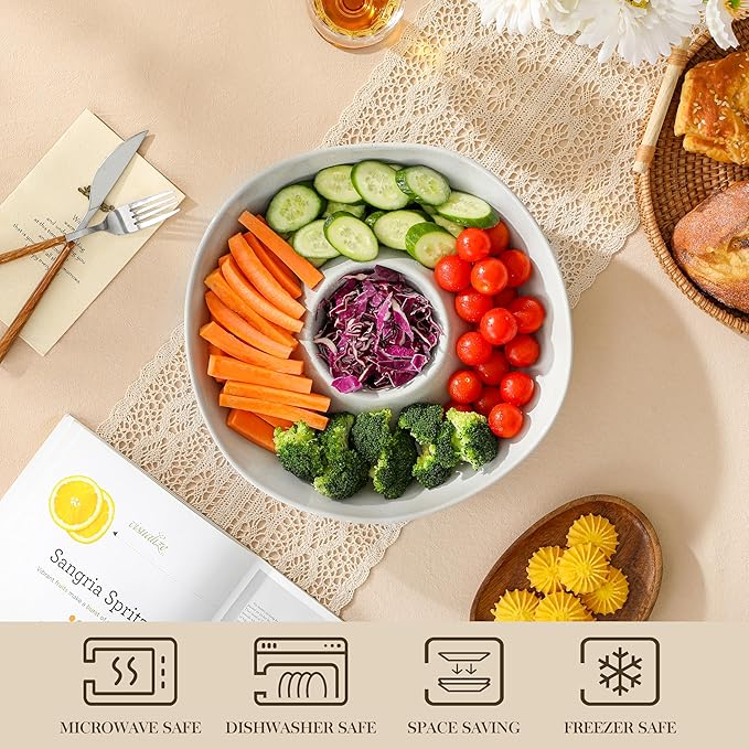 MALACASA Ceramic Chips and Dip Serving Tray, 12 Inch Large Divided Bowls Set for Salsa, Veggies & Dip, Appetizers, Snacks, Free-Form Serving Dish Platter for Parties Hosting & Entertaining, Gray