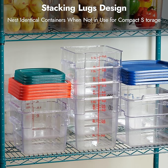 CURTA 8-Pack 4 Qt NSF Clear Polycarbonate Food Storage Containers with Green Lids - Square, Commercial-Grade, Freezer & Dishwasher Safe, Stackable