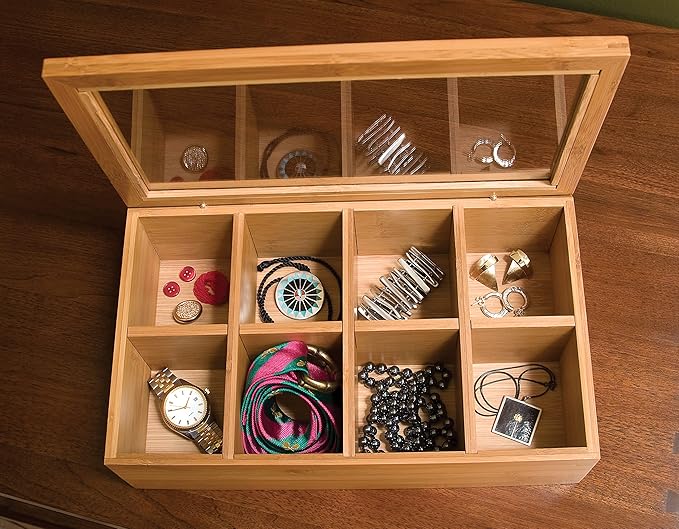 Lipper International Bamboo Wood Tea Box with Clear Lid, 8 Compartments, 12-1/2" x 7-1/2" x 3-5/8"