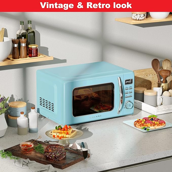 Galanz GLCMKZ11BER10 Retro Countertop Microwave Oven with Auto Cook & Reheat, Defrost, Quick Start Functions, Easy Clean with Glass Turntable, Pull Handle, 1.1 cu ft, Blue