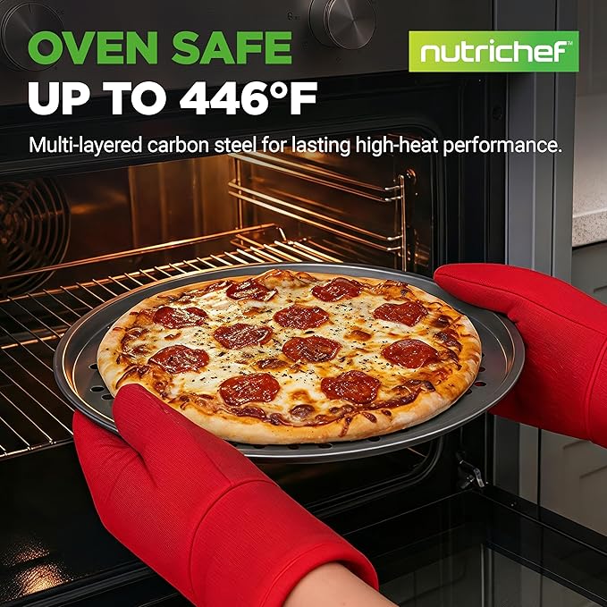 NutriChef 2-Pack 13’’ Non-Stick Pizza Pans, Round Pizza Pans for Oven, Commercial-Grade Carbon Steel, Non-Stick Gray Coating, Ideal for Baking Pizza, Cookies and More, Dishwasher Safe