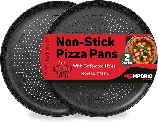 Emporio Kitchen Non-Stick Pizza Pan 2 Pack – 16 Inch Round Carbon Steel Pizza Tray with Perforated Holes, PFOAPFOSPTFE-Free, Dishwasher & Oven Safe Up To 450°F, Durable Nonstick Gray Marble Coating
