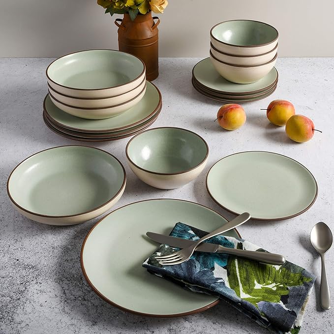 Gibson Elite Contempo Classic 16-Piece Double Bowl Dinnerware Set, Service for 4 – Mint Stoneware Plates and Bowls