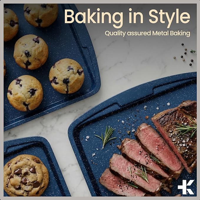BAKKEN Kitchen Baking Pan Set - Nonstick Blue Marble Coating, Commercial Grade Carbon Steel Bakeware Sets, Baking Kitchen Essentials, PFOA, PFOS, PTFE Free, Oven Safe Tray (Up To 450° F), Set of 6