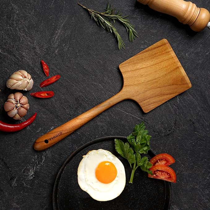 Teak Wide Wooden Spatula with Microfiber Cloth - Natural Non-Stick Healthy Kitchen Utensils - Handcrafted with Comfort Grip